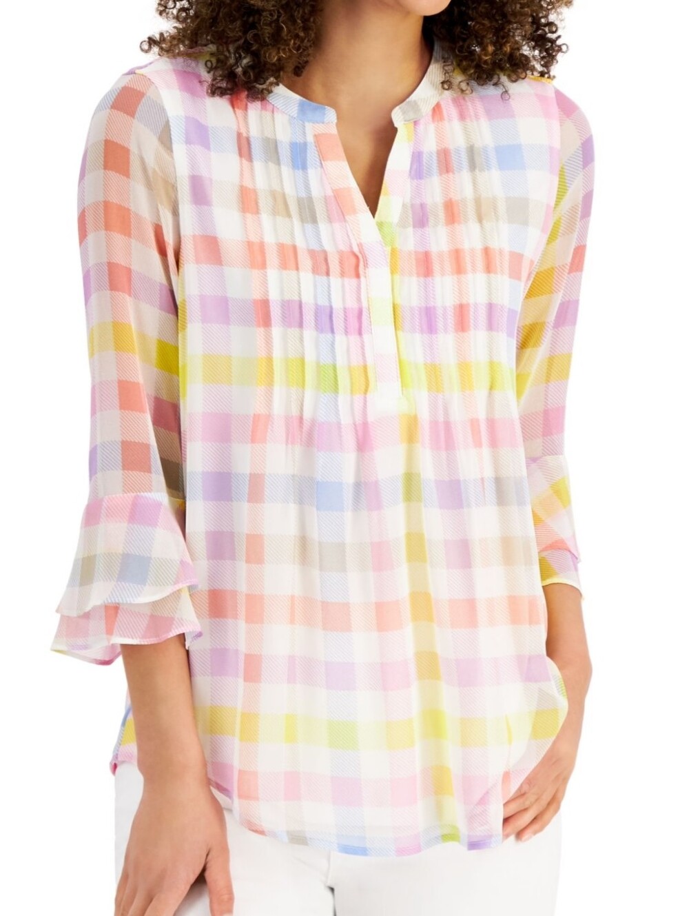 Charter Club Pastel Plaid Pintuck Blouse